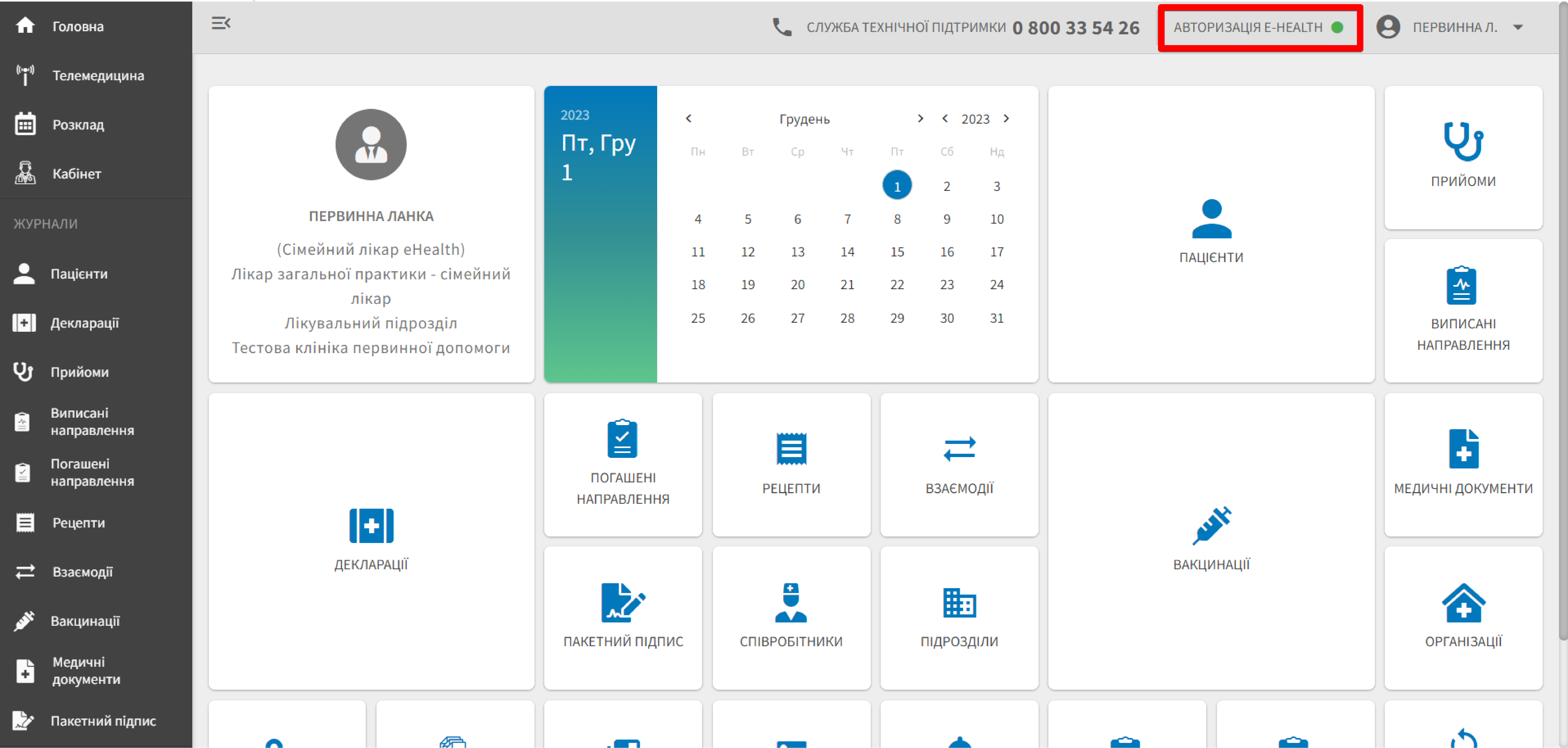 Успішний вхід у систему E-health